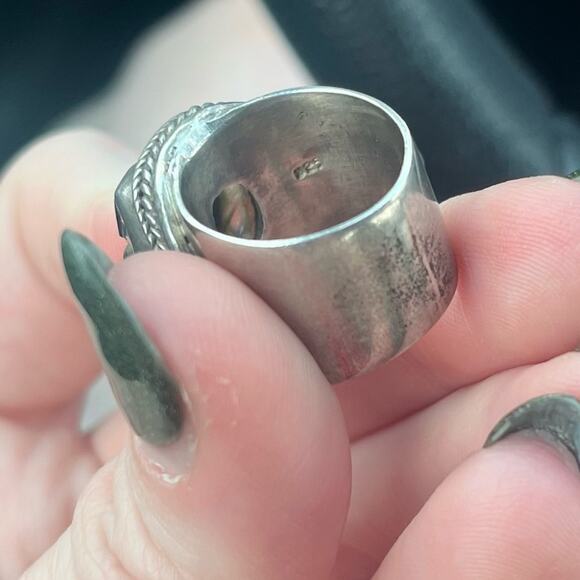 Vintage Carved Pale Green Flower Stone Wide Band Chunky 925 Sterling Silver Ring - Picture 8 of 14